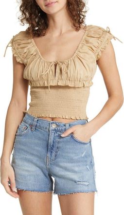BDG Nova U-Neck Smocked Waist Cotton Top in Sand at Nordstrom, Size Medium