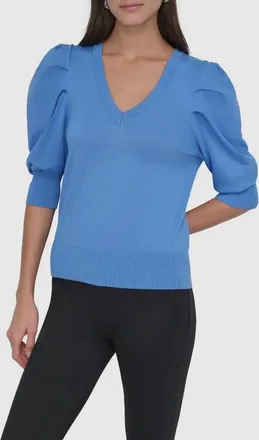 DKNY Puff Sleeve V-Neck Sweater in Cornflower Blue at Nordstrom, Size X-Large
