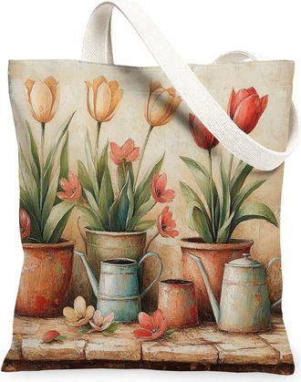 Generic Spring Farmhouse Tulip Canvas Tote Bag for Shopping 13x15, Rustic Vintage Floral Reusable Grocery Print Pattern Bag for Women Men, Country Flower Aest