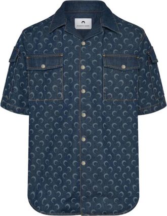 Marine Serre Denim Shirts, male, Blue, Size: L Moon Laser Denim Workwear Shirt