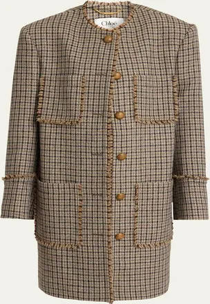 Chlo&eacute; Fringed Houndstooth Wool Oversized Jacket