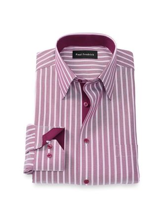Paul Fredrick Comfort Stretch Non-iron Stripe Dress Shirt With Contrast Trim