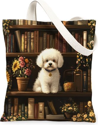 Generic Spring Bichon Frise Dog Canvas Tote Bag for Shopping 13x15, Flower Bookshelf Puppy Reusable Grocery Print Bag for Women, Fun Pet Beach Aesthetic Paint