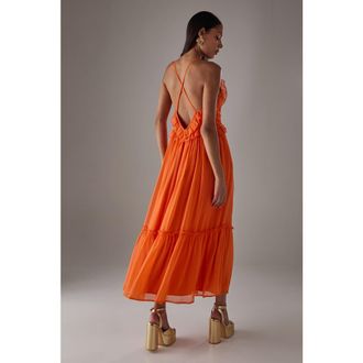 Warehouse Chiffon Ruffle Strappy Floaty Maxi Dress in Orange at Nordstrom, Size 10