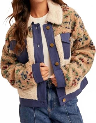 Hem & Thread Floral Sherpa Button Up Bomber Jacket In Multicolor