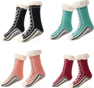 Generic Unisex Thick Cashmere Slipper Home Socks Fluffy Plush Comfy Sleeping Footwear Non-slip Grippy Boots Thermal Plush Booties (4pcs-d,One Size)