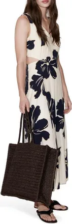 Mango Floral Print Cutout Sleeveless Maxi Dress in Ecru at Nordstrom, Size 2