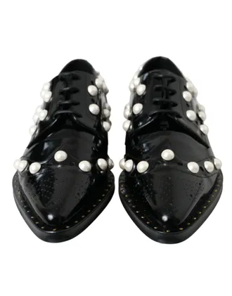 Dolce & Gabbana Black Leather Faux Pearl Dress Broque Womens Shoes (Pre-Owned)
