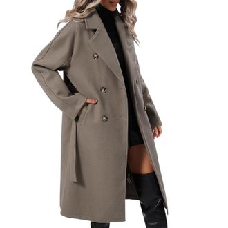 Generic Ladies Wool Coats Winter Notched Lapel Collar Double-Breasted Wool Blend Pea Coats Classic Belted Trench Coats Warm Windbreaker Long Woolen Overcoat W