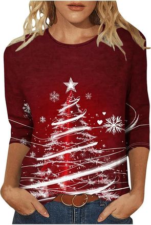 Generic Christmas Shirts for Women UK Casual 3/4 Sleeve Crew Neck Tunic Tops Funny Xmas Tree Santa Claus Cow Print Blouse Dressy Trendy Lightweight Holiday Cl