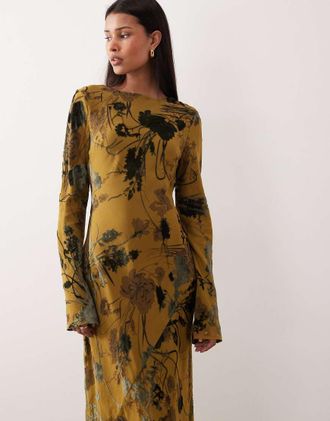 Asos Vestito lungo a maniche lunghe verde a fiori d&eacute;vor&eacute;