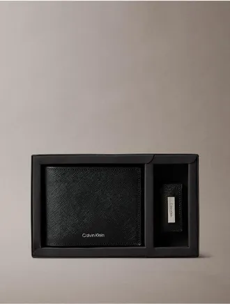 Calvin Klein Mens Saffiano Leather Bifold Wallet + Money Clip Set - Black