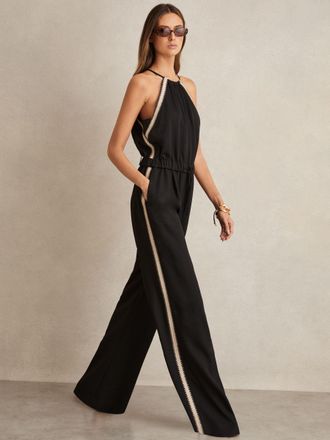 Reiss Black Halterneck Craft Stitch Jumpsuit, 14