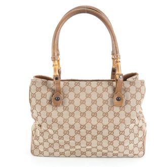 Gucci Brown Leather Canvas Handbag Shoulder Bag Tote Bag (Pre-Owned)