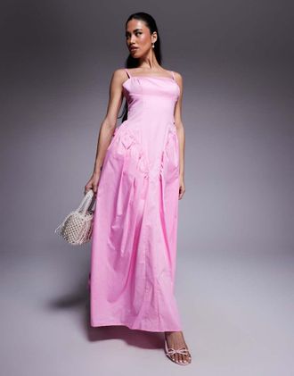 Asos cotton sateen cinched waist bow back maxi dress in pink