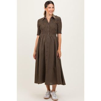 Pinkblush Gingham Smocked Button Down Midi Dress in Brown at Nordstrom, Size Medium