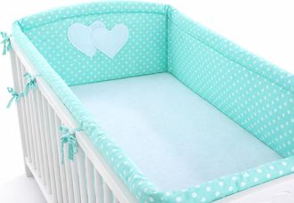 OEM Protector De Cuna Universal Xxl Para Barrotes - Corazones Y Lunares Sobre Fondo Menta