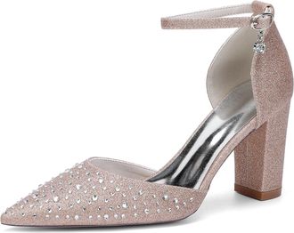 Generic Womens Pointed Toe Crystal Wedding Shoes Ankle Strap Bridal Chunky Heels Bridesmaid Evening Pumps 8.5Cm,Champagne,10 UK
