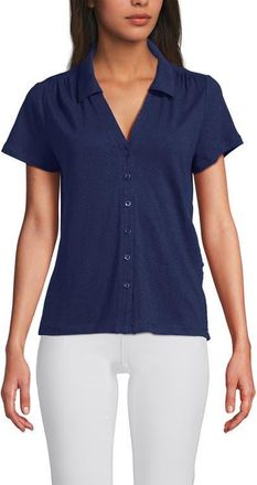 Lands End Linen Blend Short Sleeve Button Front Polo Top in Deep Sea Navy at Nordstrom, Size Small P
