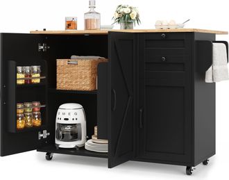 STILVORA Carro De Cocina Con 2 Cajones, Estantes, Tablero Plegable Y 5 Ruedas, En Mdf, Negro, 120 X 43.2 X 92 Cm