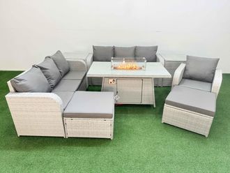 Fimous 9 Seater Poly Rattan Outdoor Garden Furniture Firepit Dining Table Sofa Set Patio 3 Seater Sofa Reclining Chair 3 Seater Sofa 2 Big Footstools