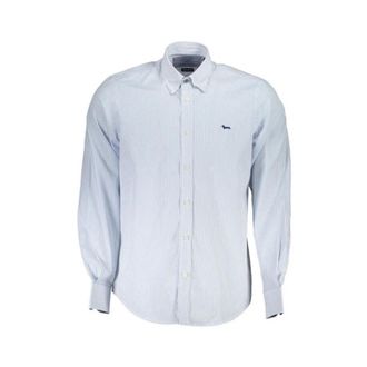 Harmont & Blaine Camicia 2 tessuti in cotone Botton Down fondo bianco con riga - Heren - Casual Overhemden - Blauw - 2XL - Katoen - Overhemden