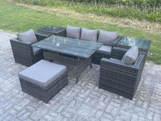 Fimous 6 Seater Rattan Garden Furniture Set Patio Dining Table Lounge Sofa Chair 2 Side Table Stool in Dark Grey