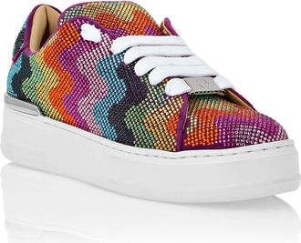 Philipp Plein Suede Lo-Top Sneakers With Crystals Waves Rainbow