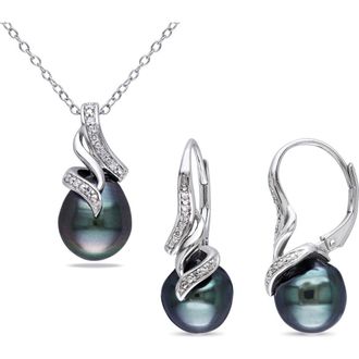 Delmar 9-9.5mm Black Tahitian Pearl & Diamond Pendant Necklace & Earrings Set at Nordstrom Rack
