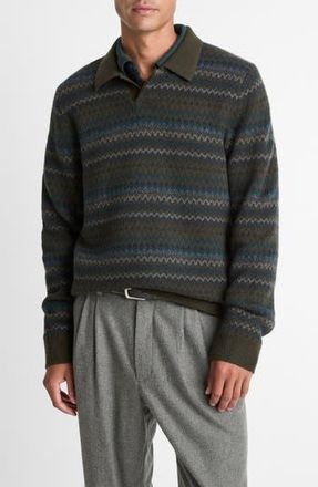 Vince Fair Isle Wool & Cashmere Johnny Collar Polo Sweater in Dark Leaf Combo at Nordstrom Rack, Size Large