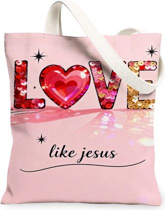 Generic ValentineS Day Love Canvas Tote Bags, Heart Pattern Reusable Grocery Bags, Lightweight Washable Shoulder Strap for Gym Out, Peach, 13x15 Inch