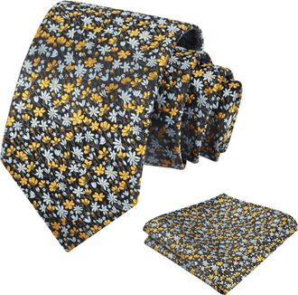 Alizeal Mens 8cm Floral Necktie and Pocket Square Small Flower Colorful Wedding Party Tie Set, Black Gold+Blue