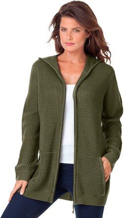 Roaman's Plus Size Waffle Knit Zip-Front Relaxed Hoodie in Dark Olive Green at Nordstrom, Size Medium