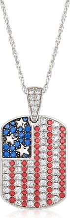 Ross-Simons Cz, Simulated Ruby and. Simulated Sapphire American Flag Tag Adjustable Pendant Necklace in Sterling Silver