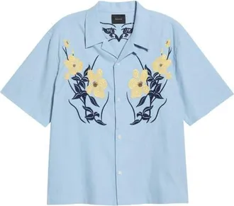 PacSun Jasmine Floral Embroidered Cotton & Linen Camp Shirt in Blue at Nordstrom, Size X-Large