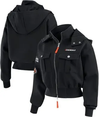 WEAR by Erin Andrews Womens WEAR by Erin Andrews Black Cincinnati Bengals Patch Pocket Cropped Full-Zip Bomber Jacket at Nordstrom, Size Xx-Large