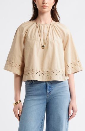 Treasure & Bond Eyelet Embroidered Poplin Swing Top in Beige Humus at Nordstrom, Size Xx-Small