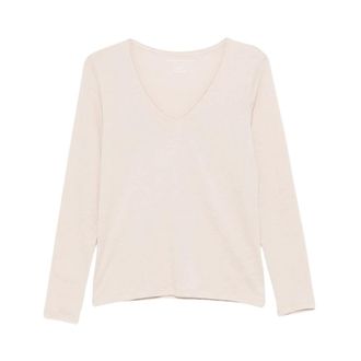 Majestic Filatures T-shirt met V-hals en lange mouwen - Dames - Tops - Beige - Maat: L Katoen