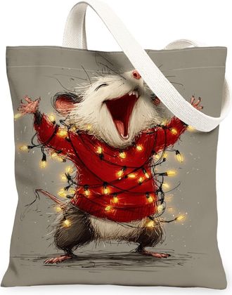 Generic Festive Animal Canvas Tote Bags, Cute Rodent Pattern Reusable Grocery Bags, Winter Lightweight Washable Shoulder Strap Canv, Gray, 13x15 Inch