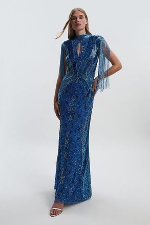 Karen Millen Embellished Tassel Sleeve Maxi Dress in Blue at Nordstrom, Size 12