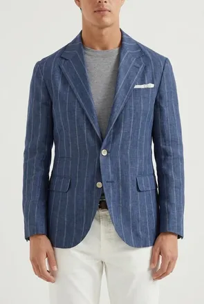 Brunello Cucinelli Blue Linen Striped Blazer, Brand Size 46 (US Size 36)