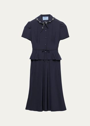Prada Embellished Scarf-Neck Short-Sleeve Peplum Midi Dress