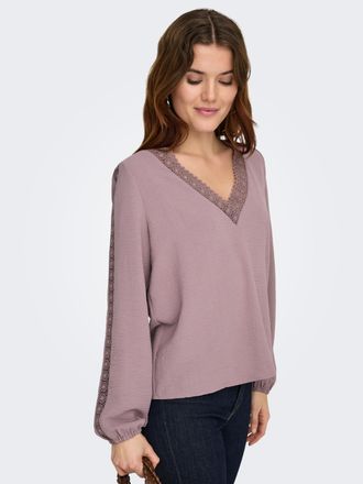 Only Langarmbluse ONLY ONLGREGOR METTE LS LACE TOP WVN, Damen, Gr. XL, elderberry, Web, Obermaterial: 100% Polyester, unifarben, regular fit normal, V-Auss