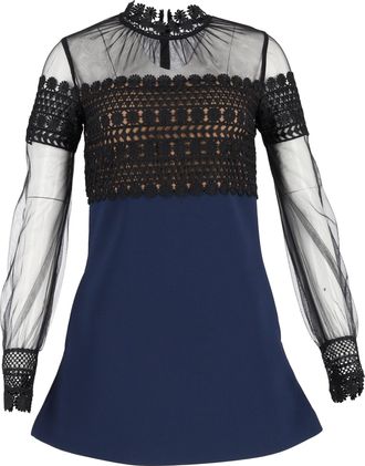 Self Portrait Lace Long Sleeve Mini Dress in Navy Blue Polyamide