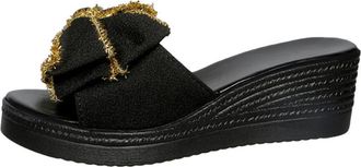 Generic Womens Wedge Platform Slide Sandals Open Toe with Glitter Bowknot Decor Slip On Lightweight Summer Casual Dress Shoes (7.5,Black)