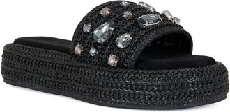 Azalea Wang Womens Azalea Wang Baste Slides Black Rhinestone Flatform Sandals GAL1950