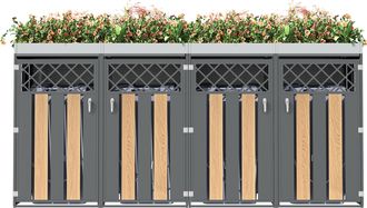 STILVORA Armario Para Cubos De Basura Con 4 Compartimentos Con Cerradura Y Jardinera Integrada En Acero Gris Y Madera
