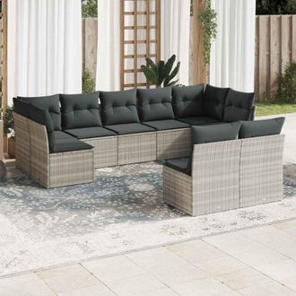 vidaXL Set Muebles Jard&iacute;n 9 Pzas Y Cojines Rat&aacute;n Sint&eacute;tico Gris Claro Vidaxl