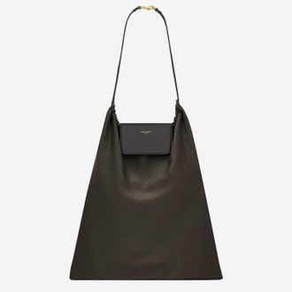Saint Laurent Mens Clutch Bag Foldable Silk Satin And Leather Dark Brown Shoulder