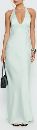 Princess Polly Odyssa Satin Halter Gown in Mint Green at Nordstrom, Size 10